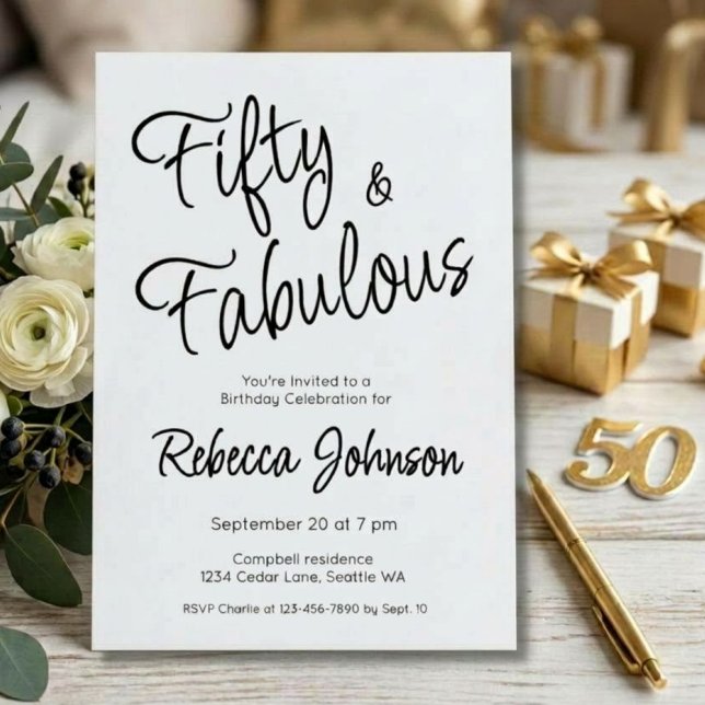 Fifty and Fabulous Script Black 50th Birthday Invitation (Creator Uploaded)