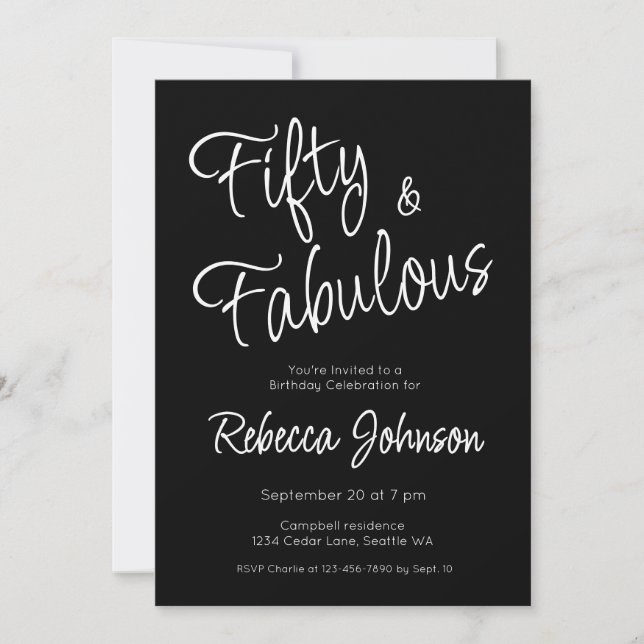 Fifty and Fabulous Script Black 50th Birthday Invitation (Front)