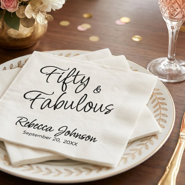 Fifty and Fabulous Script Black 50th Birthday Napkin (Creator Uploaded)