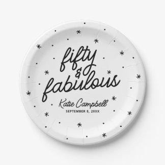 Fifty and Fabulous Script Black White Birthday Paper Plate