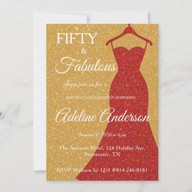 Fifty and Fabulous Script Gold Red White 50th Invitation (Front)