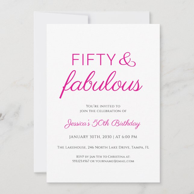 Fifty and Fabulous Script Pink 50th Birthday Party Invitation (Front)