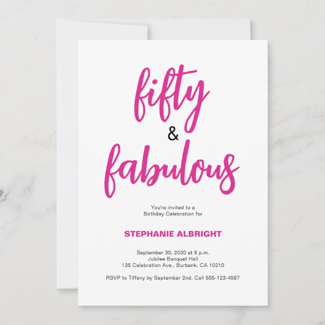 Fifty and Fabulous Script Pink 50th Birthday Party Invitation (Front)