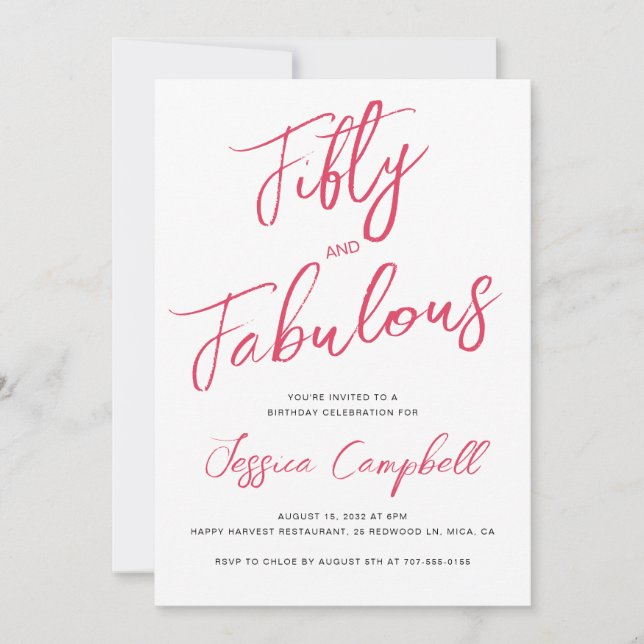 Fifty and Fabulous Script Pink 50th Birthday Party Invitation (Front)