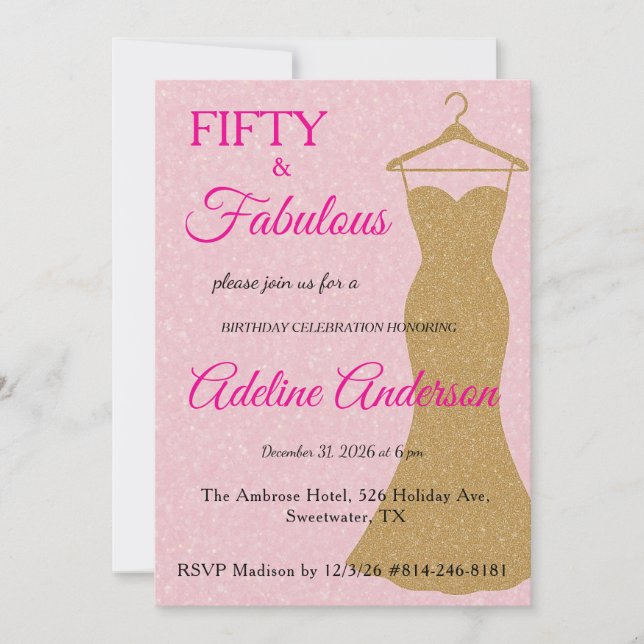 Fifty and Fabulous Script Pink Gold 50th Birthday Invitation (Front)