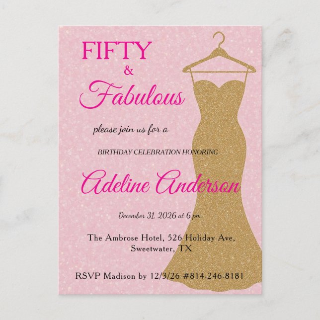 Fifty and Fabulous Script Pink Gold 50th Birthday Postcard (Front)