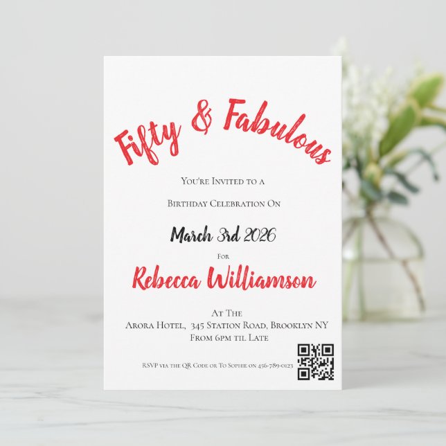 Fifty and Fabulous Script Red 50th Birthday Invitation (Standing Front)