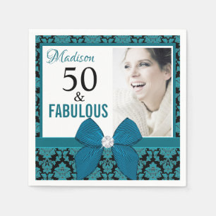 Fifty and Fabulous teal damask 50th Birthday Napkin