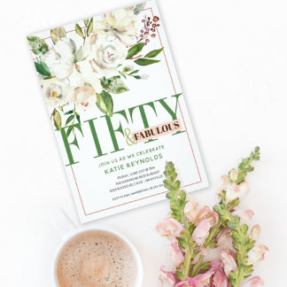 Fifty and Fabulous White Floral Birthday Invitation