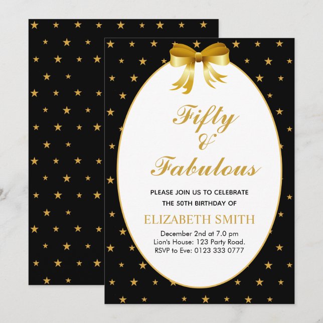 Fifty and Fabulous with golden stars Invitation (Front/Back)