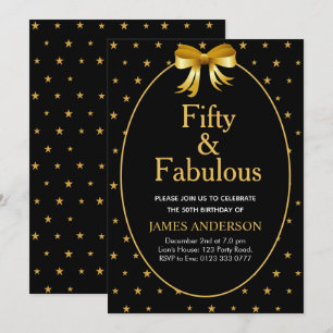 Fifty and Fabulous with golden stars on black Invitation