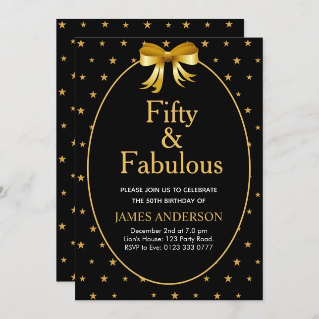 Fifty and Fabulous with golden stars on black Invitation (Front/Back)