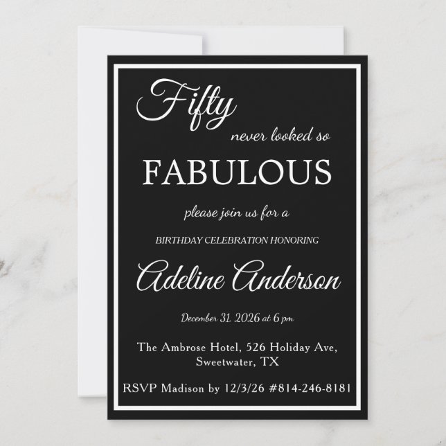 Fifty and Fabulous Woman Black White 50th Birthday Invitation (Front)