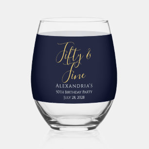Fifty and Fine Navy Gold 50th Birthday Party Stemless Wine Glass
