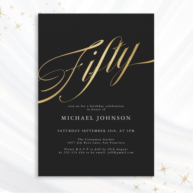Fifty Black and Gold Modern 50th Birthday Invitation (Mockup View)