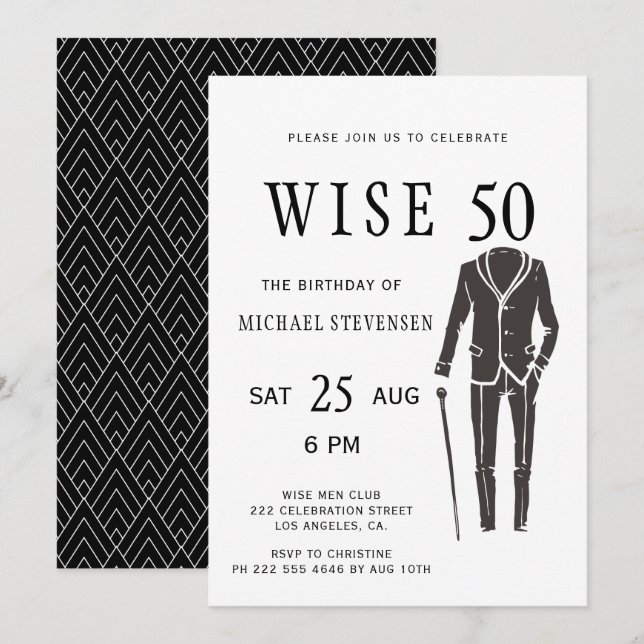Fifty black and white formal man birthday party invitation (Front/Back)