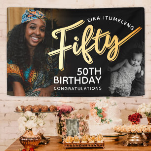 Fifty black gold 50th Birthday now and then photo Banner