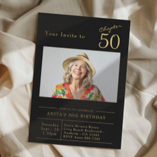 Fifty Black Gold 50th Birthday Party Photo Invitation