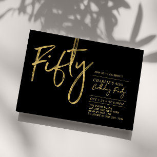Fifty Black & Gold Modern 50th Birthday Party Invitation