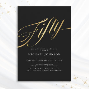 Fifty Black Gold Modern Minimalist 50th Birthday Invitation