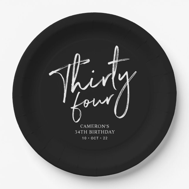 Fifty Black Modern Lettering 34th Birthday Party P Paper Plate (Front)