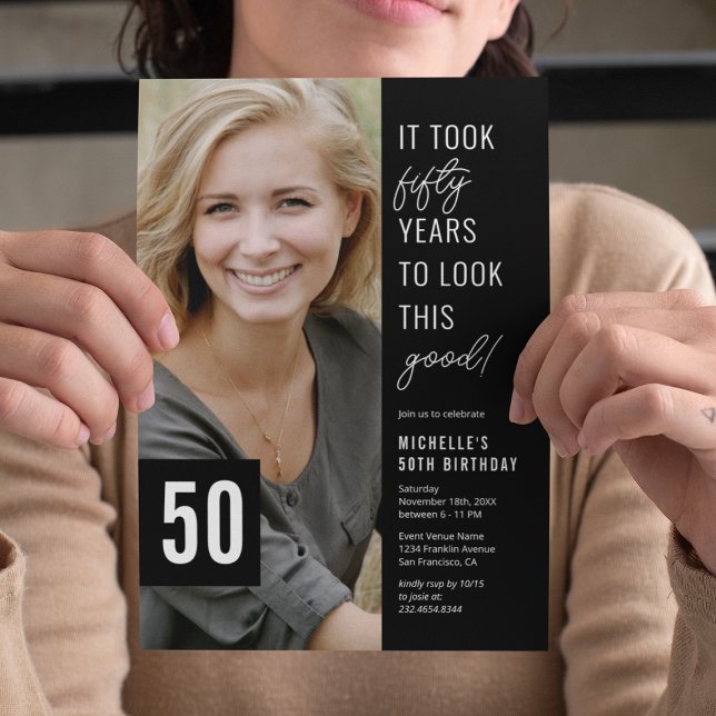 Fifty Black & White 50th Birthday Party Photo Invitation (Creator Uploaded)