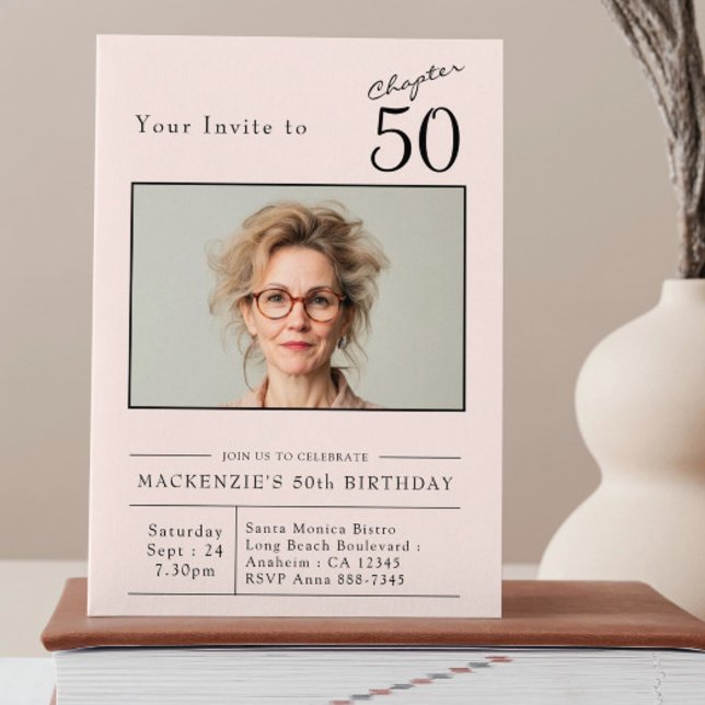 Fifty Blush Pink 50th Birthday Party Photo Invitation (50th birthday invitation on a book.)