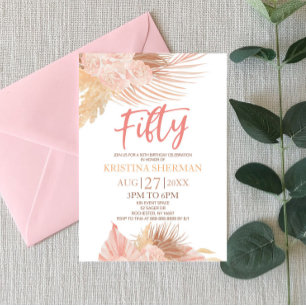Fifty Boho Pink Floral 50th Birthday Party Invitation