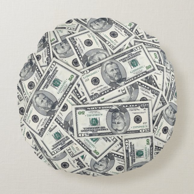 Fifty Dollar Bill Money Pattern Round Cushion (Front)