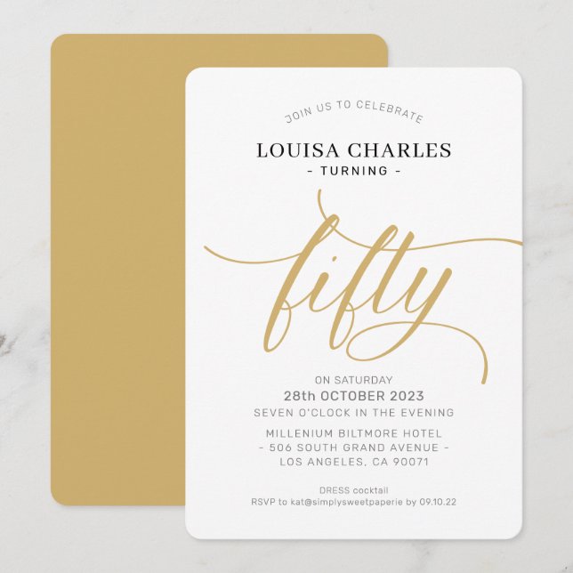 FIFTY elegant birthday chic script modern gold Invitation (Front/Back)