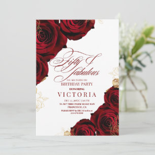 Fifty Elegant Script Burgundy Rose 50th Birthday Invitation