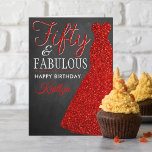 Fifty & Fabulous 50th Birthday Card<br><div class="desc">Send a personalised birthday greeting with this elegant red glitter dress fifty and fabulous 50th birthday card. The name on the front can easily be personalised for that special person and the message on inside of the card can be personalised too.</div>