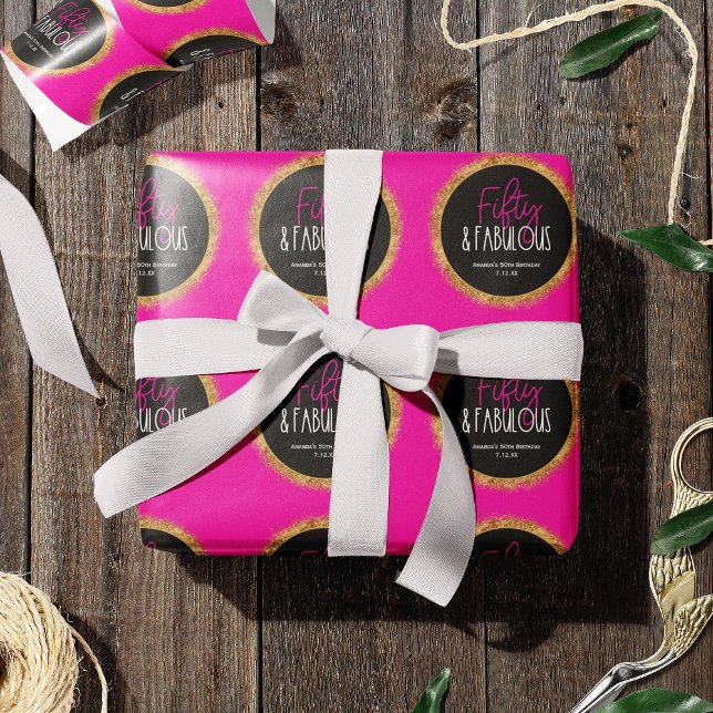 Fifty & Fabulous 50th Birthday w Custom Text Black Wrapping Paper (Creator Uploaded)