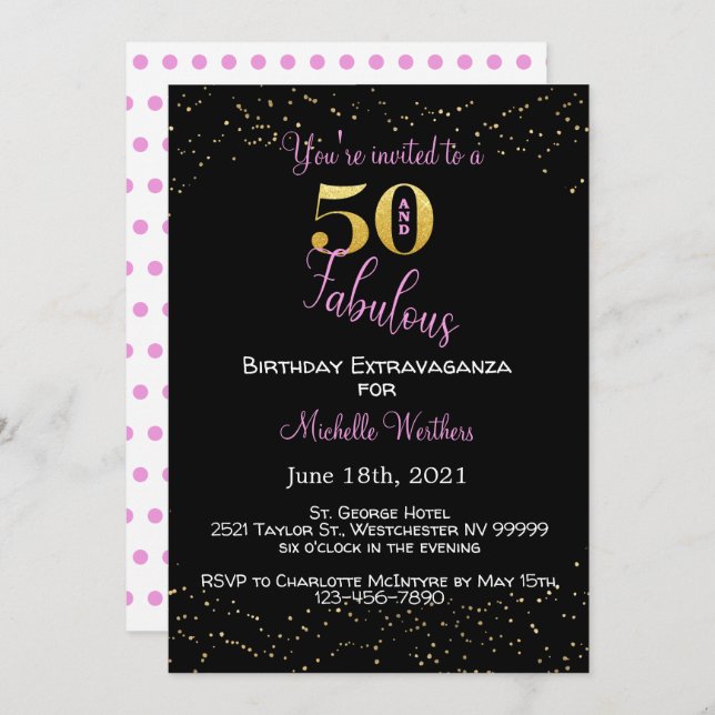 Fifty & Fabulous Birthday Black Pink Gold Glitter Invitation (Front/Back)