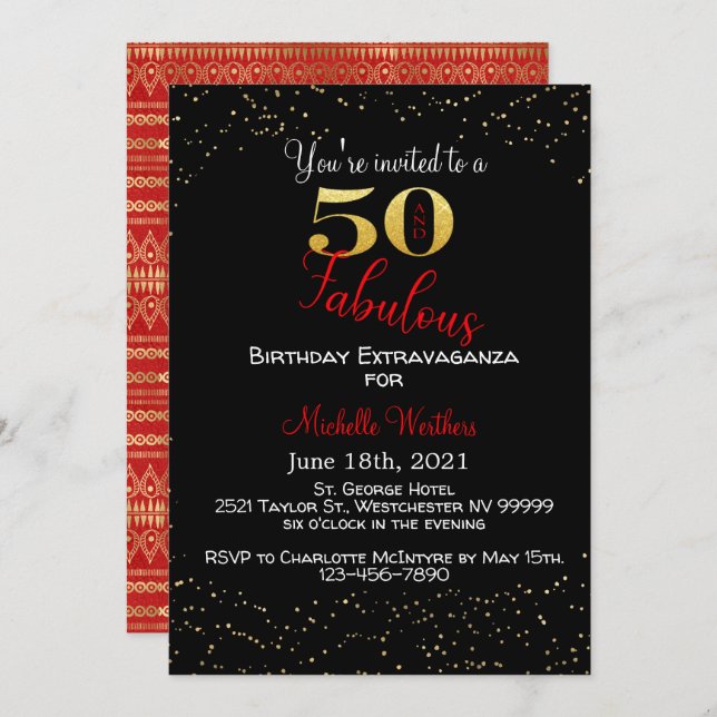 Fifty & Fabulous Birthday Black Red Gold Glitter Invitation (Front/Back)