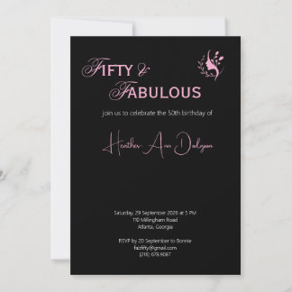 Fifty & Fabulous Black and Pink Script Minimalist  Invitation