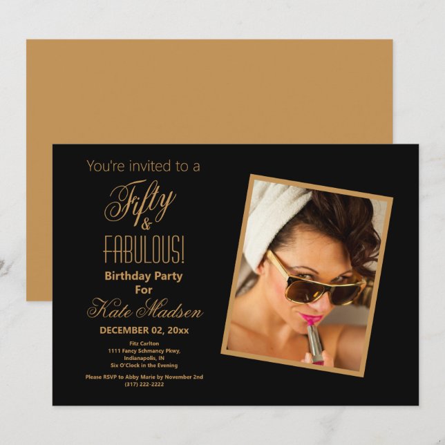 Fifty & FABULOUS Black & Gold 50th Birthday Party Invitation (Front/Back)