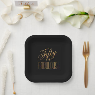 Fifty & FABULOUS! Black Gold 50th Birthday Square Paper Plate