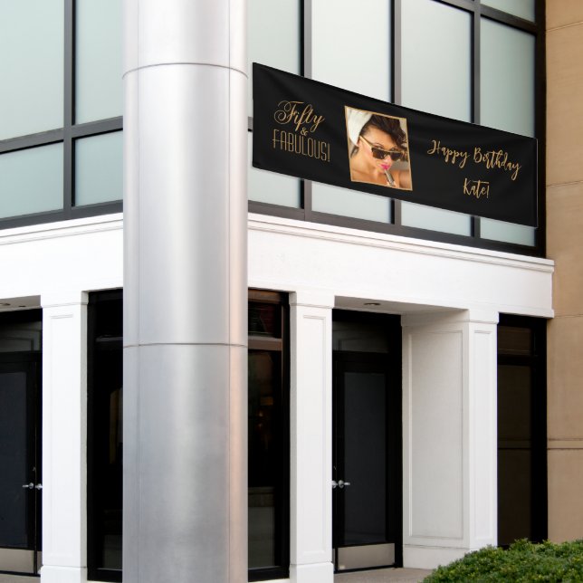 Fifty & FABULOUS! Black & Gold Personalised Photo Banner (Outside Building)