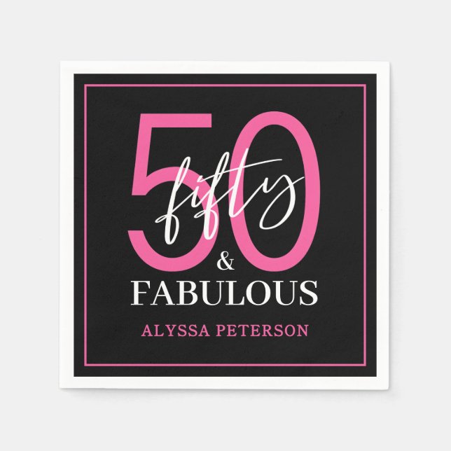 Fifty & Fabulous Black Script 50th Birthday Napkin (Front)