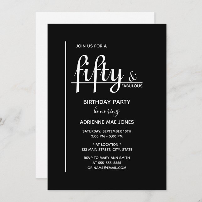 Fifty & FABULOUS Black White 50th Birthday Party Invitation (Front/Back)