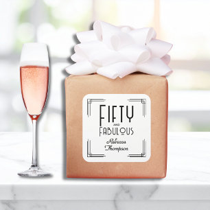 Fifty Fabulous Black White Art Deco 50th Birthday Square Sticker