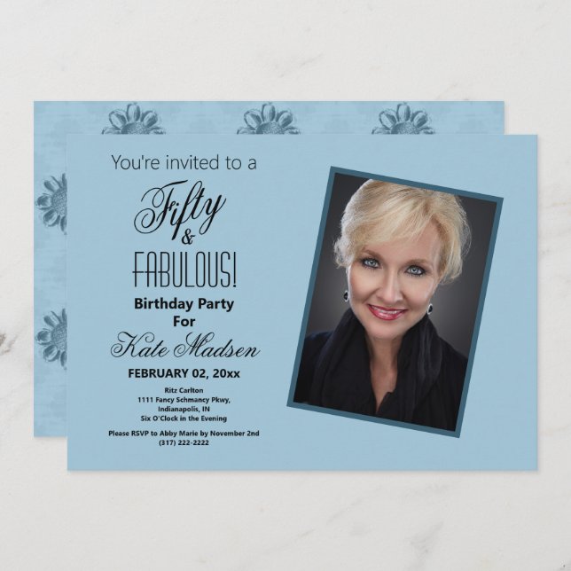 Fifty & FABULOUS Blue Floral Photo Birthday Party Invitation (Front/Back)