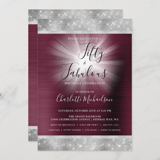 Fifty & Fabulous Burgundy Silver Sparkle Glam Invitation (Front/Back)