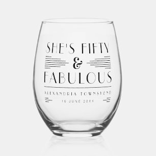 Fifty & Fabulous Chic Art Deco 50th Birthday Stemless Wine Glass