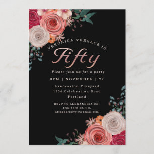 Fifty fabulous coral rose foil birthday party invitation