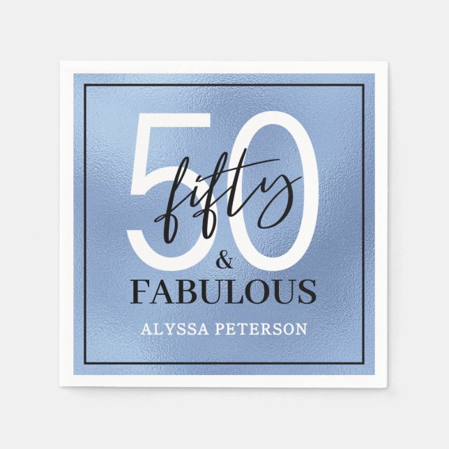 Fifty & Fabulous Dusty Blue Script 50th Birthday Napkin (Front)