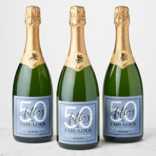 Fifty & Fabulous Dusty Blue Script 50th Birthday Sparkling Wine Label