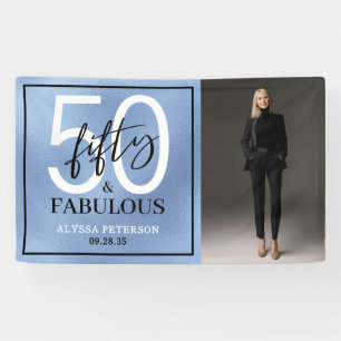 Fifty & Fabulous Dusty Blue Script Photo Birthday Banner