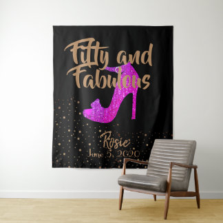 Fifty & Fabulous Girly Glitter Hot Pink Gold Text Tapestry